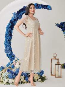 Modelyn Robe longue de soirée évasée avec broderie florale pour femmes - Nude - Voir 7