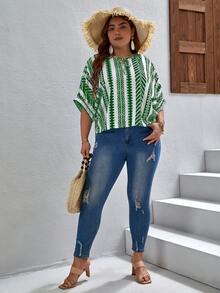 SHEIN LUNE Kích thước lớn Sọc tay cánh Áo sơ mi Với Đường viền cổ áo Buộc - màu xanh lá - Xem 5