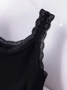 SHEIN Clasi Plus Size Sleeveless Lace Trim Knit Top - Black - View 5