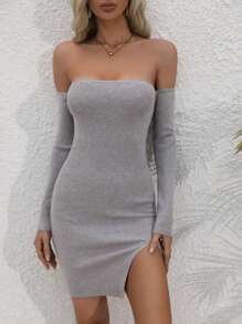 SHEIN Unity Của phụ nữ Off Shoulder Viền chia cắt Đầm - Xám - View 3