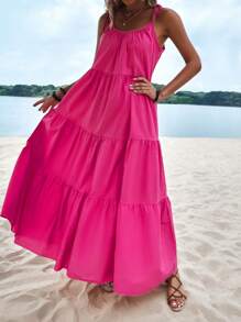 Breezaya 女士粉色细肩带长裙度假海滩装 - 玫紅色 - 查看 6