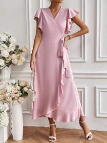 Chiquease Solid Color Ruffle Edge Wrap Tie Waist Dress - Dusty Pink - View 4