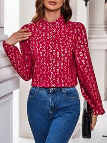 SHEIN Clasi Ladies' Stand Collar Long Sleeve Shirt With Gold Foil Print Fall Cloth For Women - Burgundy - View 4