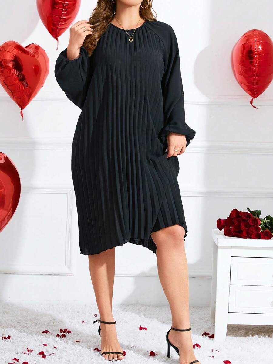 SHEIN Clasi Kích thước lớn Tay áo lồng đèn & Viền xếp Dài Đầm - màu đen - Xem 1