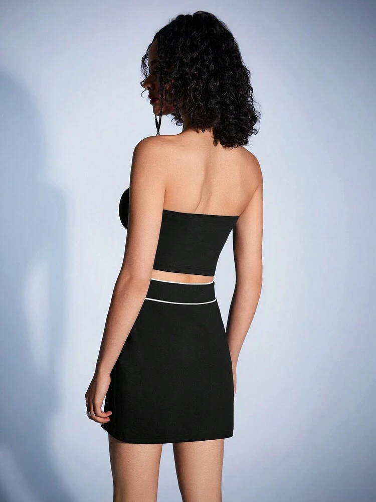 Women'S Color-Blocked Stitching Strapless Top And Skirt Set With Edging