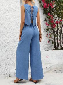 Breezaya 女式無袖綁帶背心上衣和褲子兩件套 - 藍色 - 查看 2