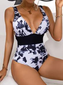 SHEIN Swim Của phụ nữ một miếng Hoa In Không lưng Đồ bơi Lễ hội hóa trang - Nhiều màu - Xem 4