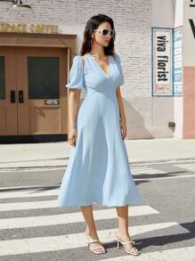 GENKIRA Puff Sleeve Wrap Neckline Dress - Blue - View 4