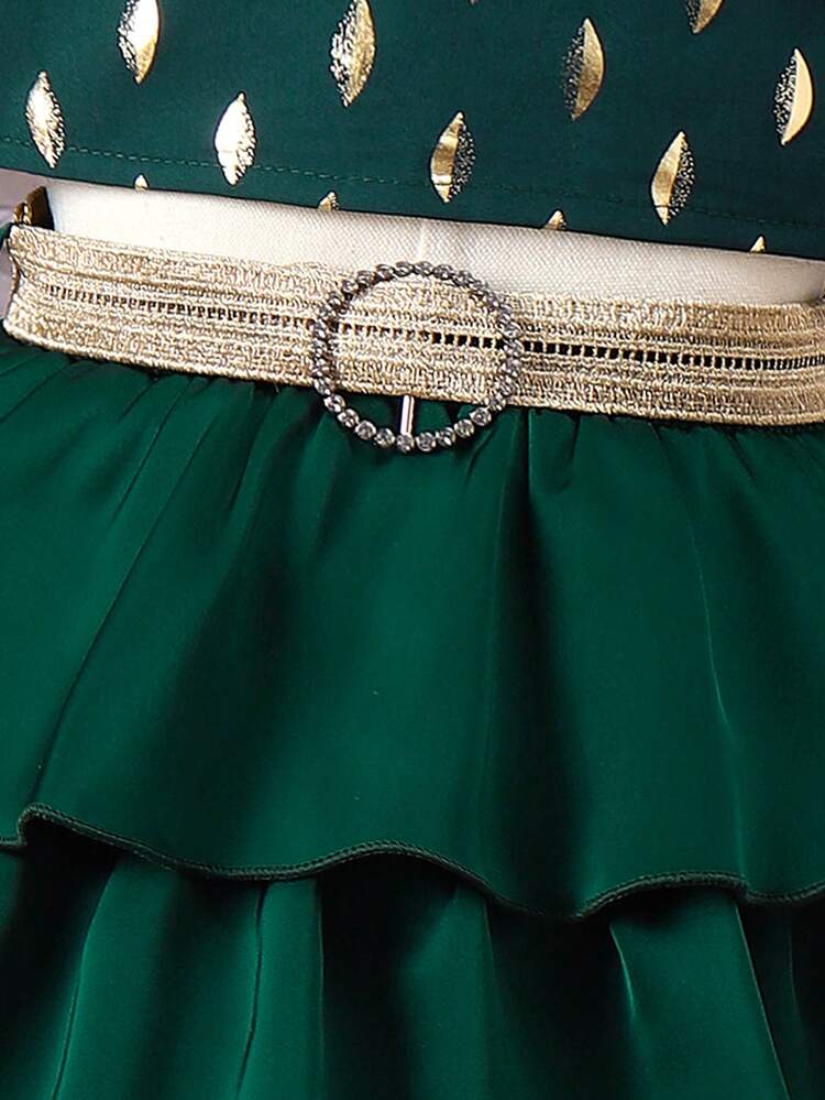 Young Girl Festival Golden Polka Dot Short Sleeve Top With A Waistband And Layered Cake Skirt Set