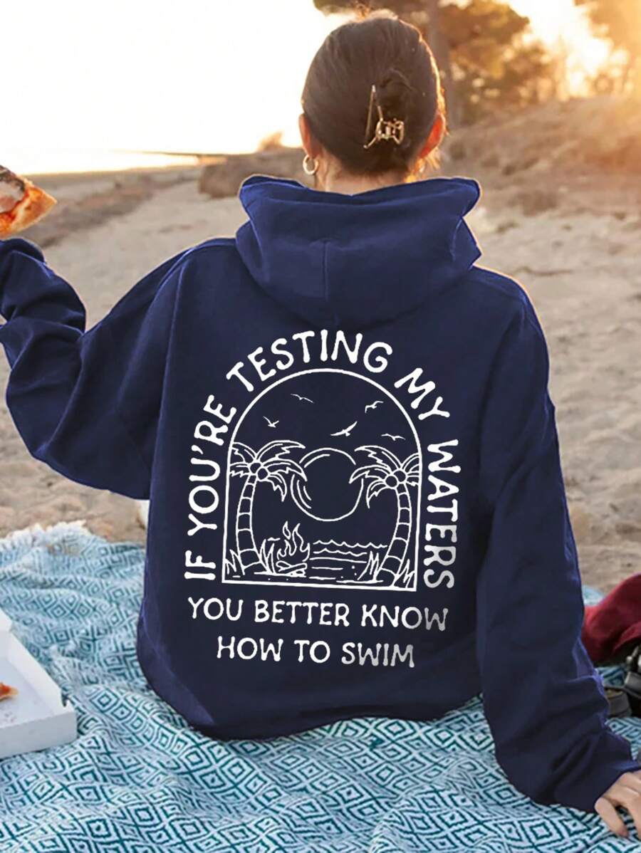 Women's Coconut Tree & Slogan Printed Thermal Lined Hoodie Sweatshirt, Fashionable & Warm For Casual Resort Style, Autumn/Winter: Explore Our Women's Hoodie Collection Featuring And Stylish Designs To Make You Look Great - Navy Blue - View 1