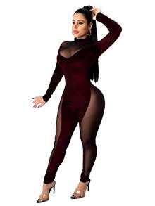 Women'S See-Through Mesh Insert Long Sleeve Unitards - Burgundy - View 3