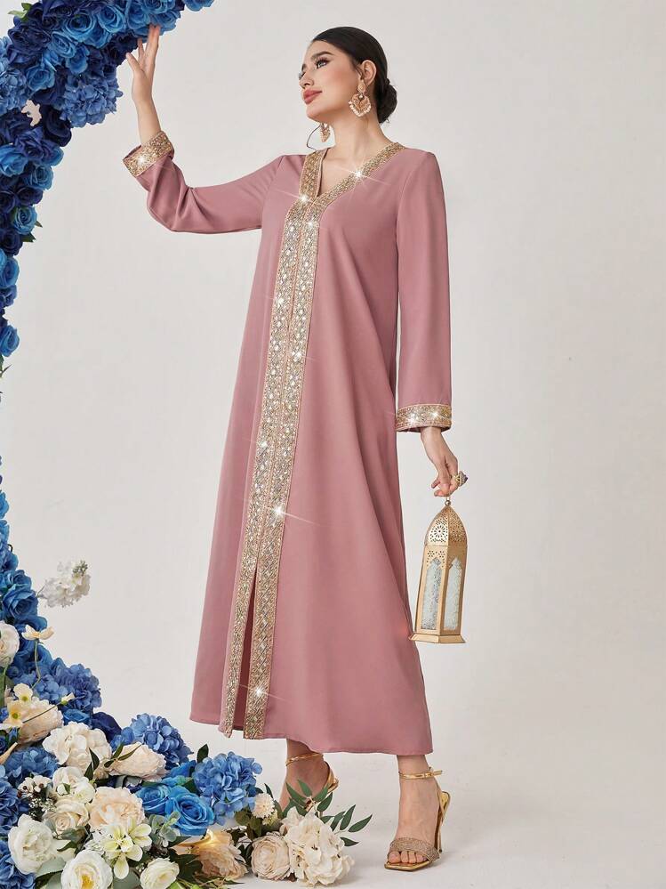 Al Najma Women's Woven Ribbon Patchwork Jalabiya Dress, Modest | SHEIN USA