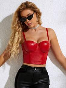 Apperloth A Valentine's Day Rave Crop Top, Spaghetti Strap PU Leather Tight Fitting Midriff-Baring Camisole - Red - View 2