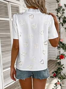 SHEIN LUNE Women's Heart Pattern Printed Ruffle Trim Blouse - White - View 2