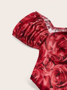 SHEIN Unity 女款花卉印花雞心領洋裝 - 紅色 - 查看 3