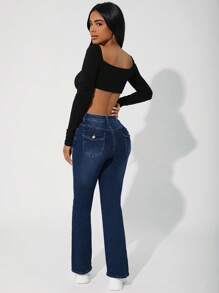 SHEIN PETITE Denim Flare Pants With Front Button Closure - Dark Wash - View 2