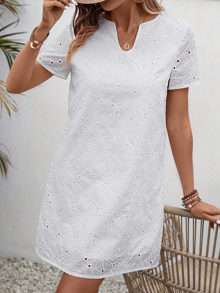 Embroidered Notched Neckline Dress With Eyelets Summer