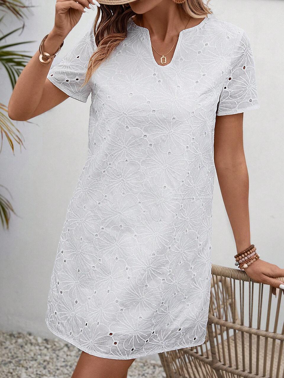 Embroidered Notched Neckline Dress With Eyelets Summer