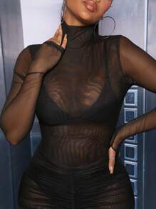 Hauture Ruched Mesh Mermaid Hem Bodycon Dress - Black - View 3