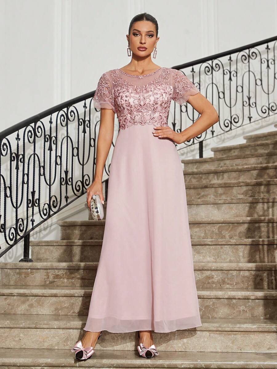 SHEIN Belle 優雅浪漫繡花女士晚禮服正式舞會禮服長裙 - 粉色 - 查看 1