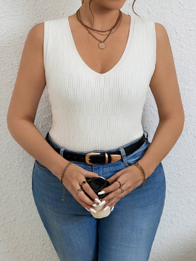 Plus Size Sleeveless Knit Top With V Neckline