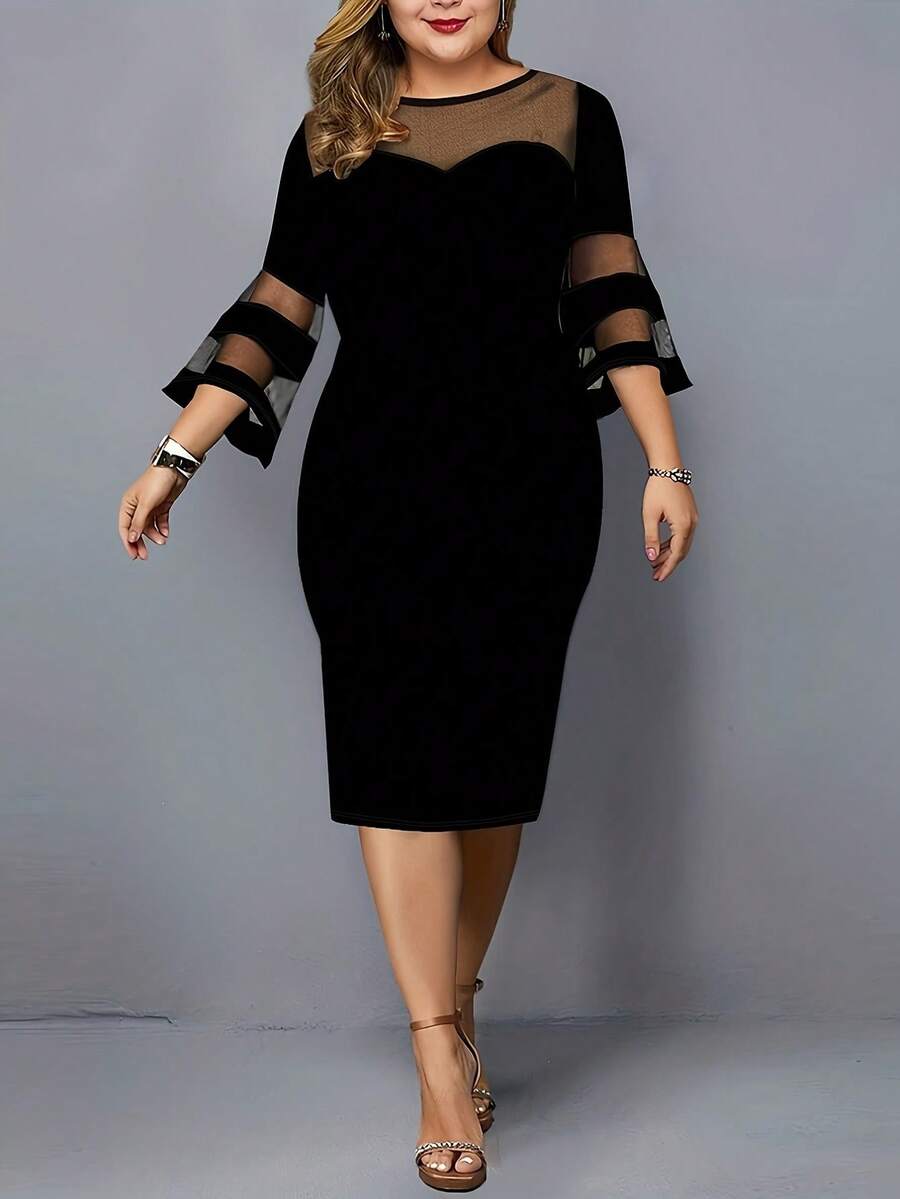 Plus Size Women's Mesh Contrast Loose Dress - Black - View 1