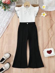 SHEIN 年輕女孩荷葉邊上衣和純色喇叭褲套裝 - 黑與白 - 查看 3