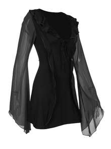 Vestido Cruzado De Manga Larga Con Dobladillo De Volante