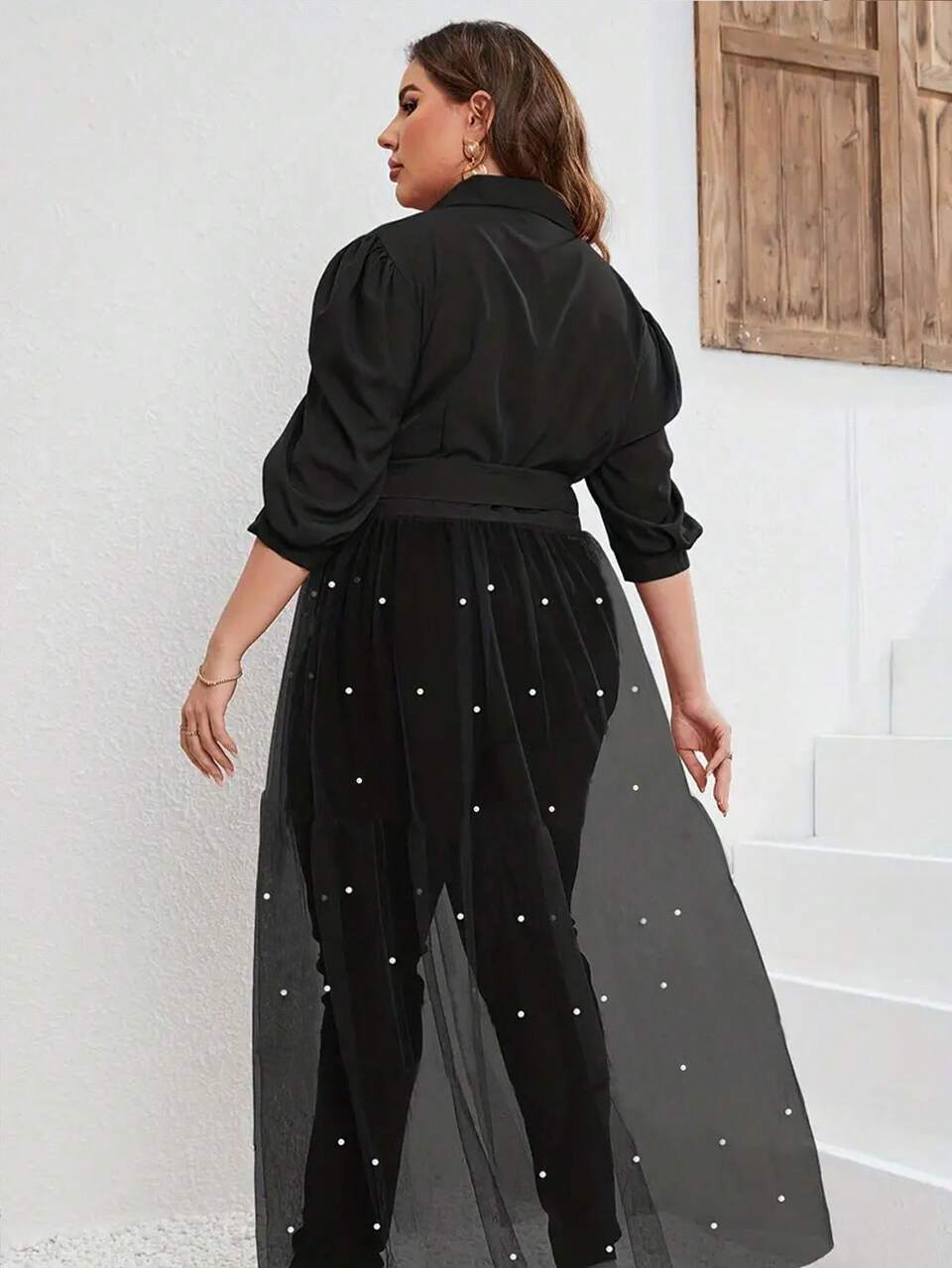 Plus Size Women's Black Mesh Contrast Dress