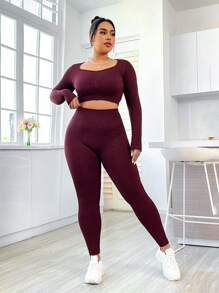 Easithlete Women'S Plus Size Sports Tracksuit With Ribbed Pattern, Long Sleeve And Long Pants - Burgundy - View 4