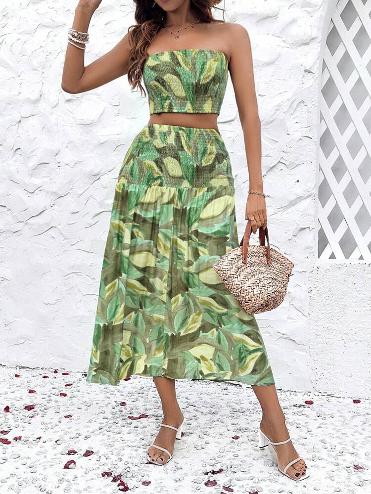 Two Piece Set With Casual Plant Print