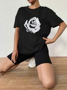 VaVaBold 宽松版型玫瑰印花简约落肩T恤图案T恤女式上衣 - 黑色 - 查看 3