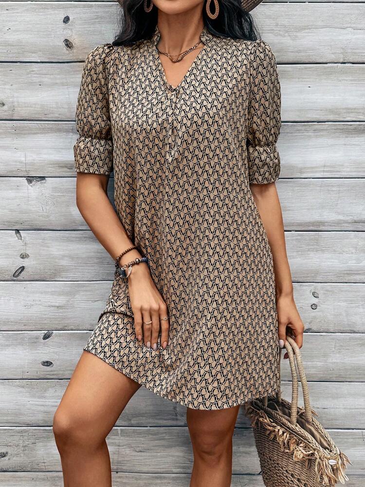 Notched-Neck Printed Dress