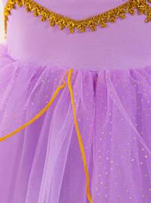 SHEIN Glamorique Kids 少女紫色蕾絲多層紗裙拼接編織帶,派對公主裙