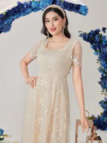 Modelyn Robe longue de soirée évasée avec broderie florale pour femmes - Nude - Voir 8