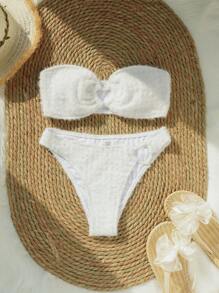 SHEIN Swim 女士毛绒无肩带两件套比基尼套装夏季海滩 - 白色 - 查看 3