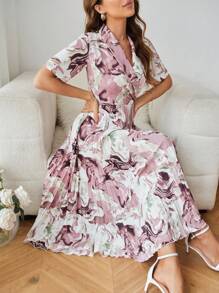 Aveloria Zufällig Bedrucktes, Plissiertes, Kurzärmliges Kleid Mit Schalkragen