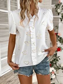 SHEIN LUNE Women's Heart Pattern Printed Ruffle Trim Blouse - White - View 3