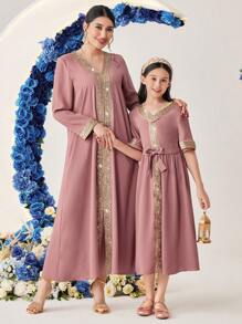 Al Najma Women's Woven Ribbon Patchwork Jalabiya Dress, Modest - Pink - View 1