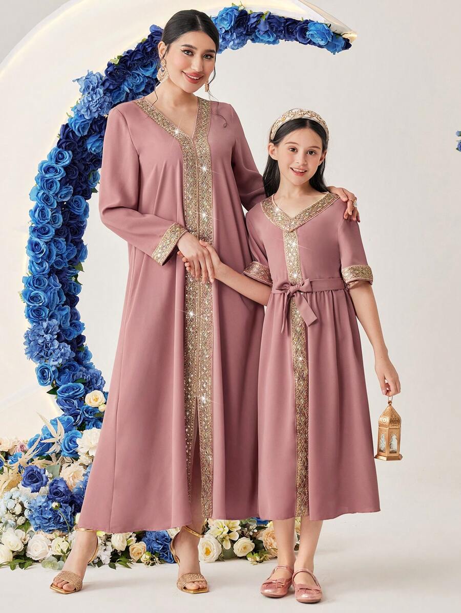 Al Najma Women's Woven Ribbon Patchwork Jalabiya Dress, Modest - Pink - View 1