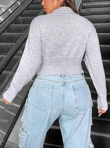 Flirla Áo len dài tay cổ chữ V đơn giản, cỡ lớn, thích hợp cho mùa thu đông. - Xám - Xem 2