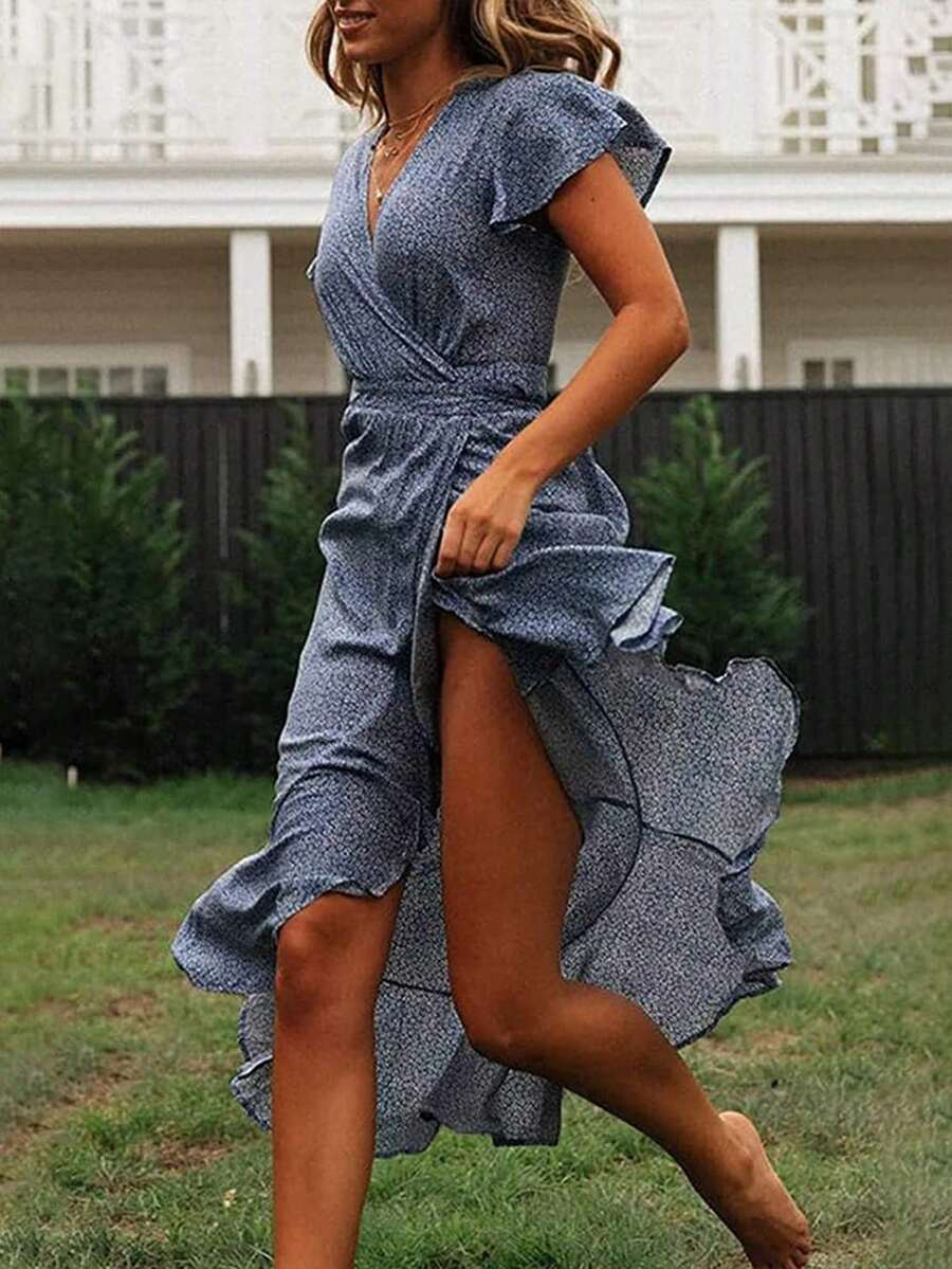 女士碎花荷叶边下摆短袖拼接中长连衣裙，优雅度假装