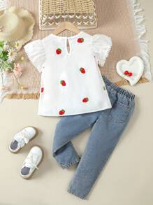 SHEIN Vintaside Kids Young Girl Toddler Girls' Cute Strawberry Doll Print White Top And Denim Shorts Set For Summer - White - View 2