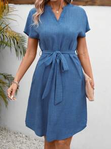 EMERY ROSE 女士 A 字腰系带连衣裙休闲连衣裙夏季 - 藍色 - 查看 3