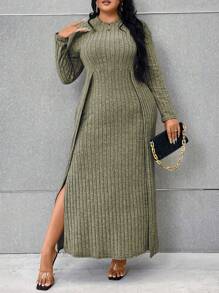 Celure 大尺碼長袖交叉前面呈不對稱下擺連衣裙