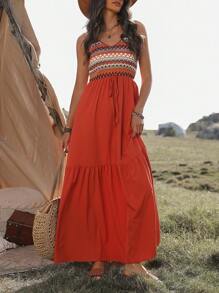 SHEIN LUNE Woven Ribbon Patchwork Backless Cami Dress Maxi Women Outfit