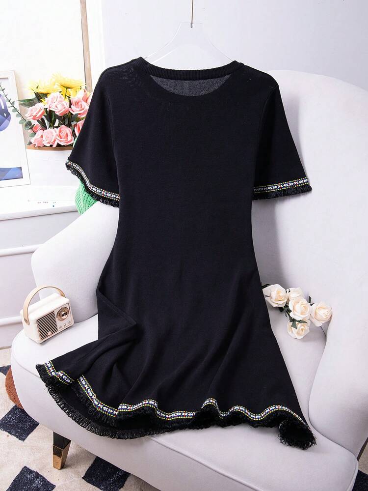 Plus Size Round Neck Fringe Decorated Sweater Dress