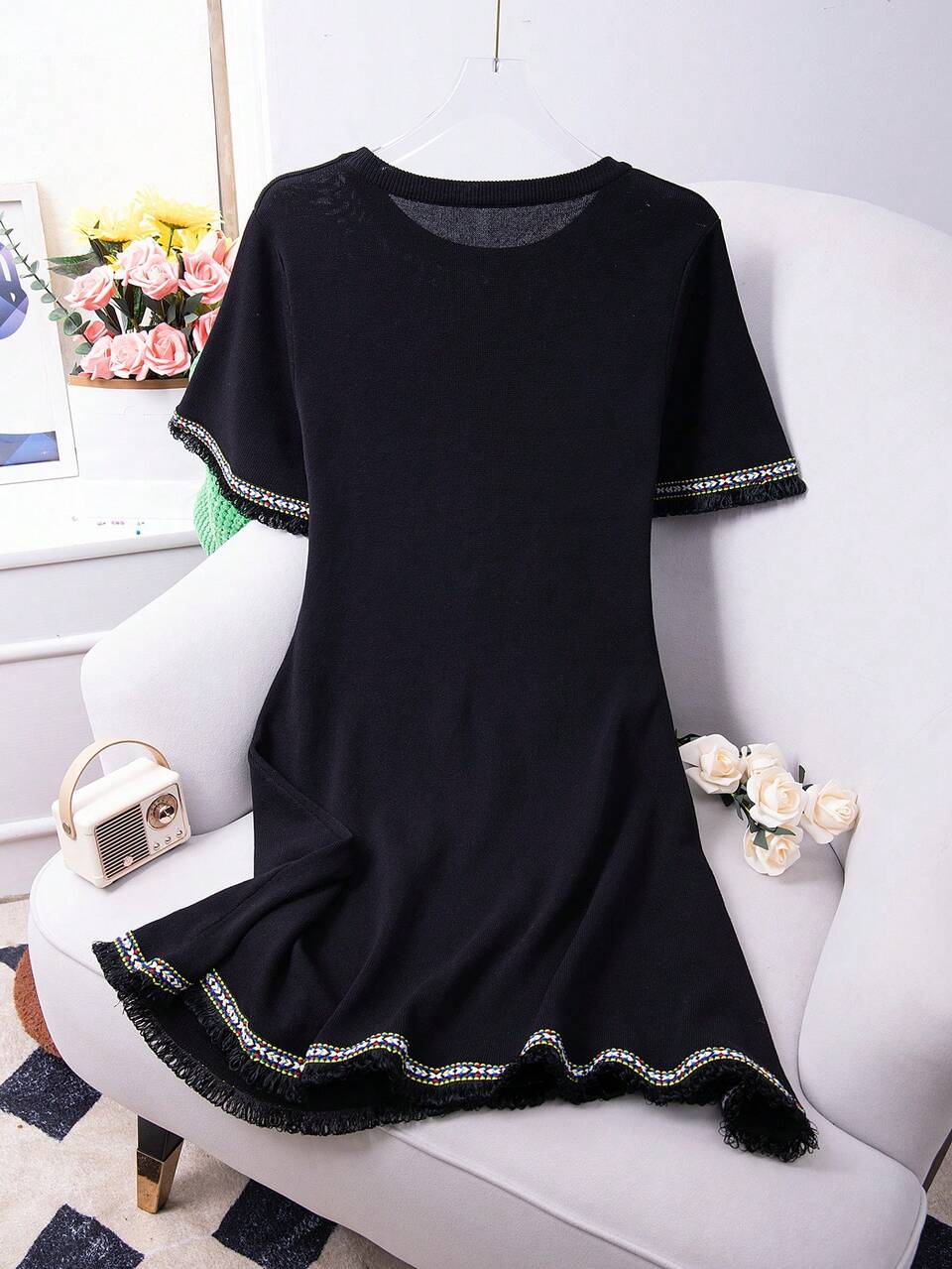 Plus Size Round Neck Fringe Decorated Sweater Dress