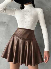 EURMUSE Solid Color Side Zipper Skirt - Mocha Brown - View 3