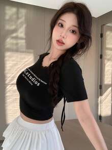 DAZY Của phụ nữ In Khẩu hiệu Cắt bỏ trở lại Coa dây Top Cây trồng - màu đen - Xem 7